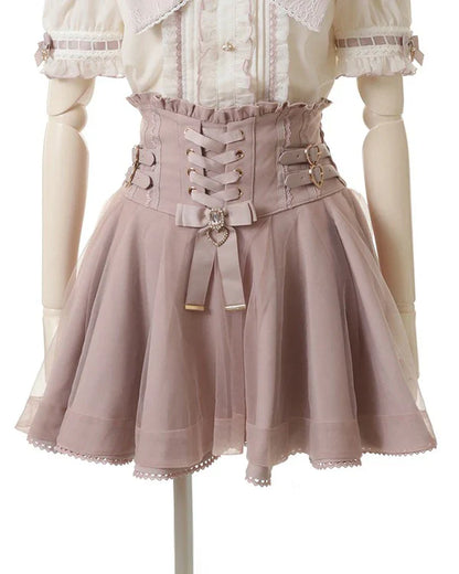 Japanese Liz New Summer Lace Edge Leather Ring High Waist Pleated Skirt Ribbon Bow All-match Short Skirts Big Bow Lolita Blouses