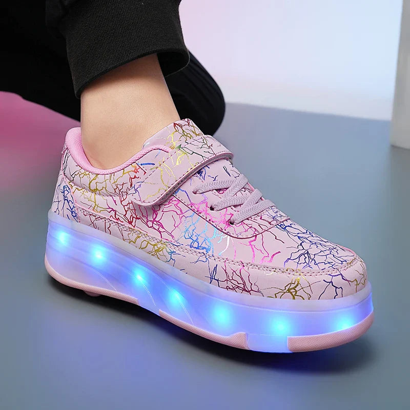 4 Wheel Dual-Use Roller Skates with Detachable Wheels ,Sneakers with LED Boys Girls Shoes with Wheels,Speed Skate Sizes 29-42