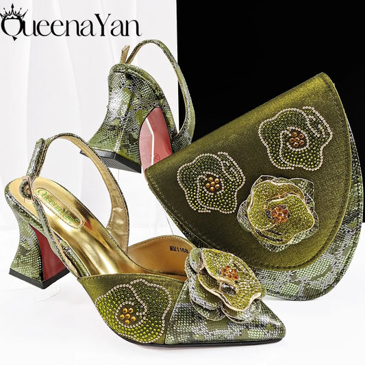 2026 Premium Ladies Party Shoes and Bag Comfortable New Square Heels with Hand Bag For Wedding Or Work