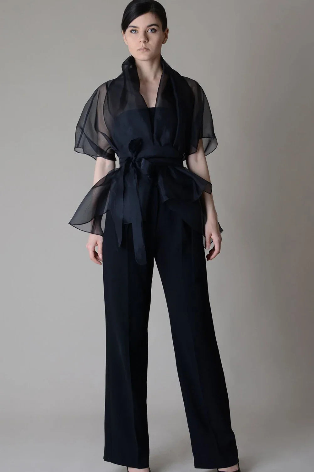 Organza Mesh Blouse for Women Stand Collar Lace-up See Through V-Neck VCasual Elegant Office Lady Half Sleeve Blouse Top