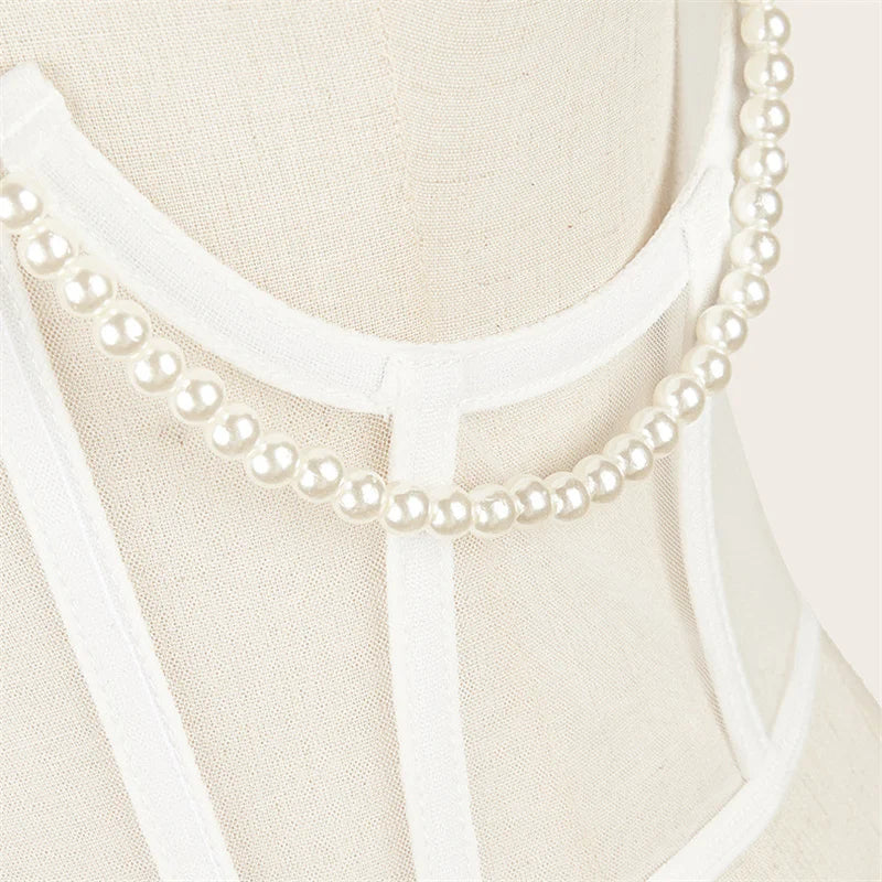 Pearl Chain Bustiers Tied Waspie Wide Belt Cinchers Underwire Lace-up Underbust Corset Bustier Corsets Tops Boned Corset