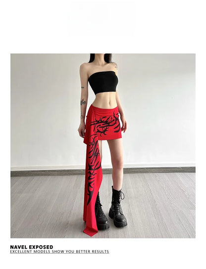 Y2K Millennium Graffiti High Waist Midi Skirt Women's Cool Unisex Asymmetrical Design Polyester Spandex Blend