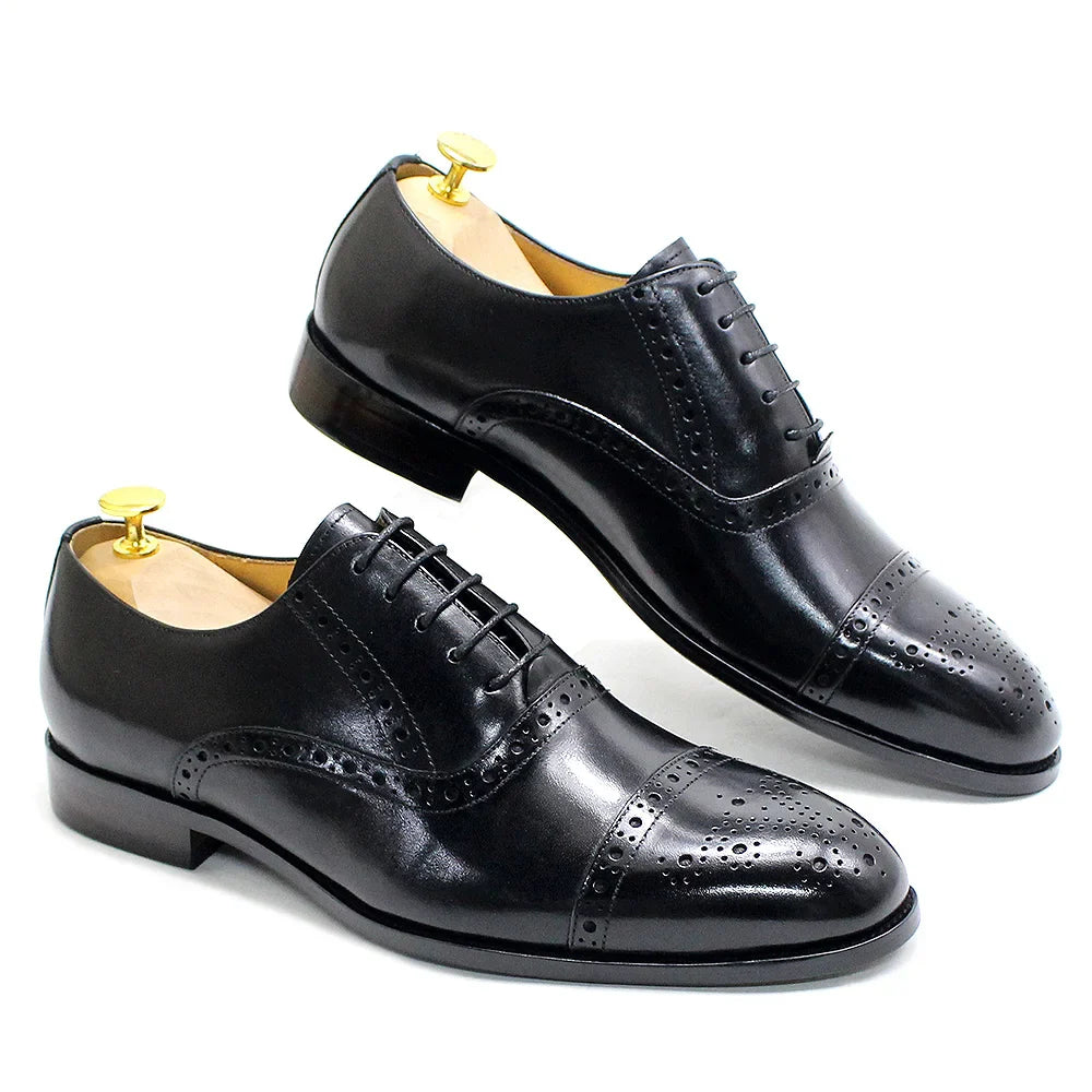 Luxury Genuine Leather Calfskin Cap Toe Oxfords Men's Dress Shoes Italian Style Lace-Up Wedding Business Formal Shoes for Men