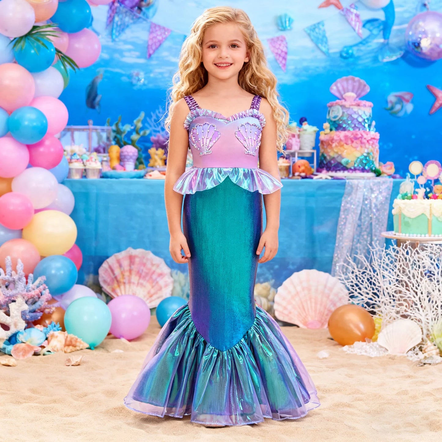 Summer Little Mermaid Ariel Girl Dress Cosplay Carnival Halloween Costumes Birthday Party Princess Dress for Girls Mermaids Gown