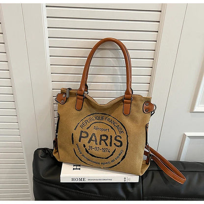 Portable Canvas New Trend Fashion Women's Bag Letter Large Capacity Tote Bag Leisure Commuting Single Shoulder Diagonal Span