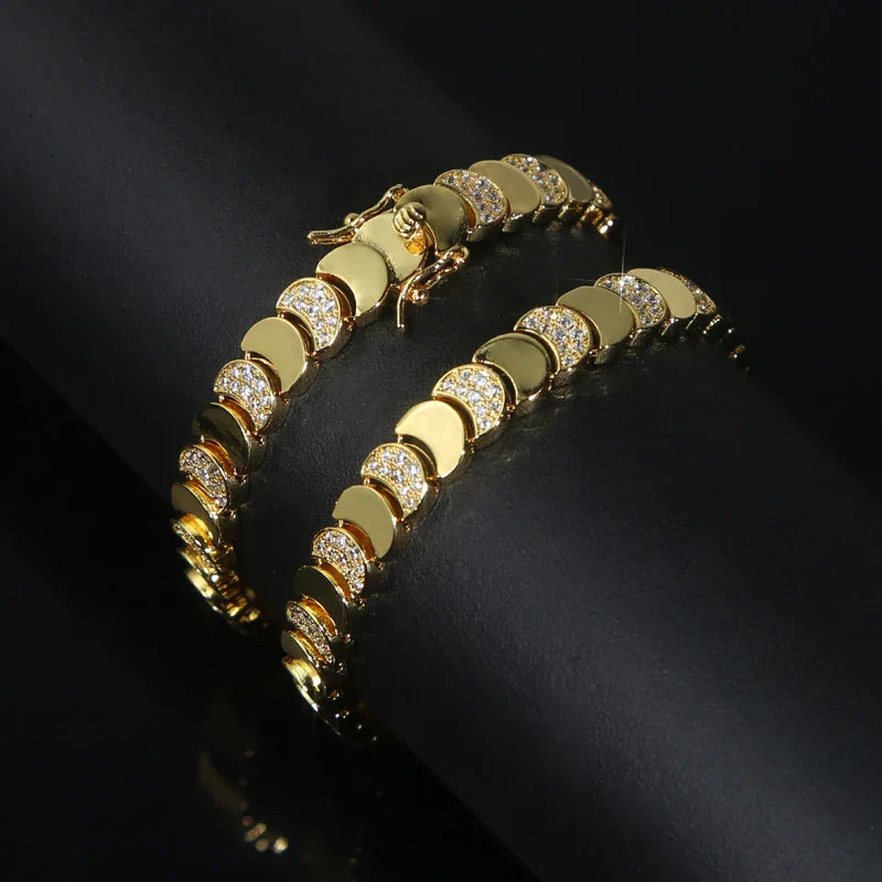 Gold Color Fashion Women Jewelry Set Geometric Shiny Plain Paved 5A CZ Moon Shaped Chain Choker Necklace Bracelet