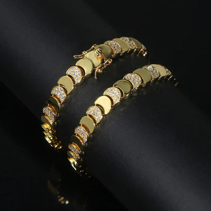 Gold Color Fashion Women Jewelry Set Geometric Shiny Plain Paved 5A CZ Moon Shaped Chain Choker Necklace Bracelet