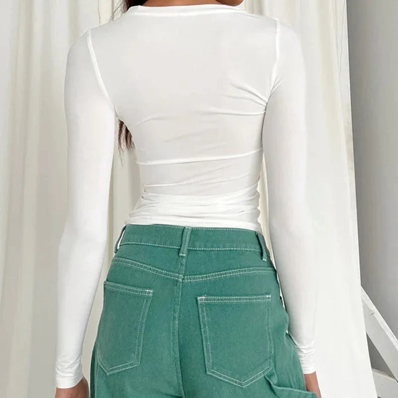 Woman Clothing Long Sleeve T-shirt Slim Fit Tops Female O-Neck Close-fitting Tee Shirt Street Wear 2024 Y2K Qtraf 2408