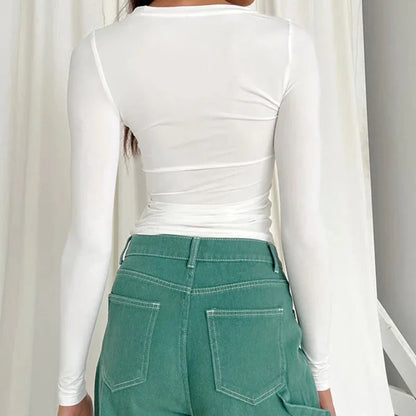 Woman Clothing Long Sleeve T-shirt Slim Fit Tops Female O-Neck Close-fitting Tee Shirt Street Wear 2024 Y2K Qtraf 2408
