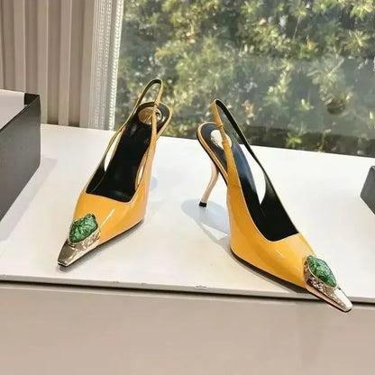 Luxury Metal Jewel Decoration Heels Women 2025 Sexy Pointed Toe Patent Leather Women Pumps Elegant Banquet High Heeled Sandals