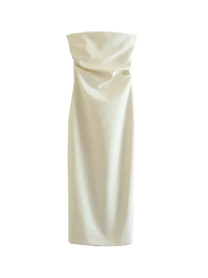 Women Fashion Strapless Gathered Midi Dress Sexy Straight Neck Back Slit Female Dresses Vestidos Mujer