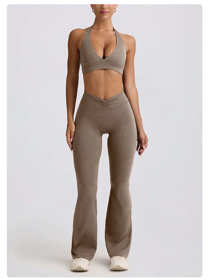 Women's Yoga Suits Camisole Backless Nude Beautiful Back Neck Hanging Bra Flared Pants Fitness Set
