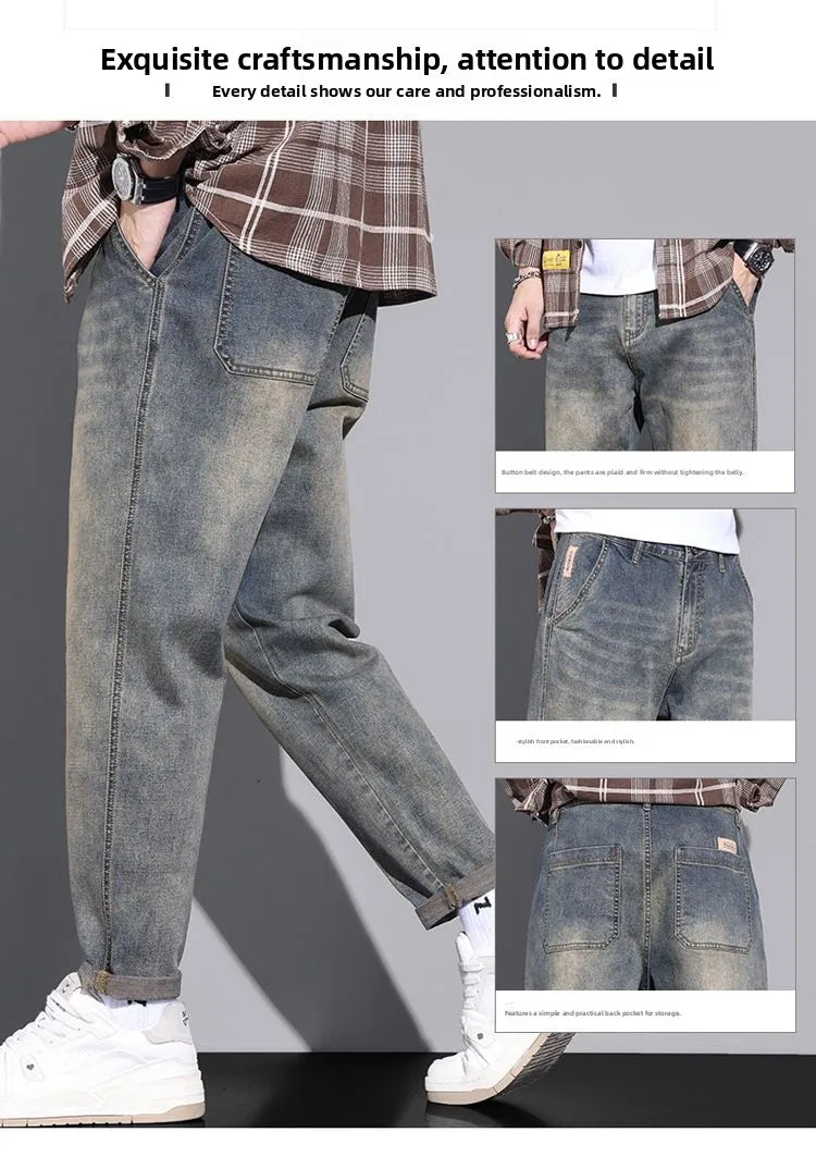 Retro American Style Men's Jeans Loose Fit Heavy Casual Slim Leg Cotton Pants Elastic Waist Korean Denim Jeans for Spring Autumn