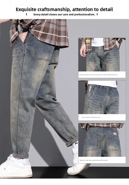 Retro American Style Men's Jeans Loose Fit Heavy Casual Slim Leg Cotton Pants Elastic Waist Korean Denim Jeans for Spring Autumn