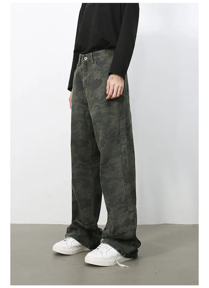 Tide Camouflage Jeans Men's Ins Loose Straight Wide Leg Casual Denim Pants Loose Male Trousers 12C2036