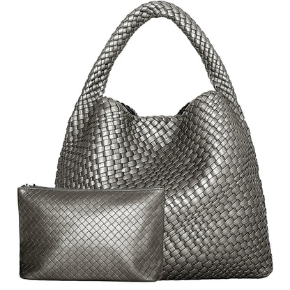 Woven Tote Bag for Women Large Woven Handbag Soft Leather Shoulder Bag Work Shopper Summer Beach Travel Tote Bag with Purse
