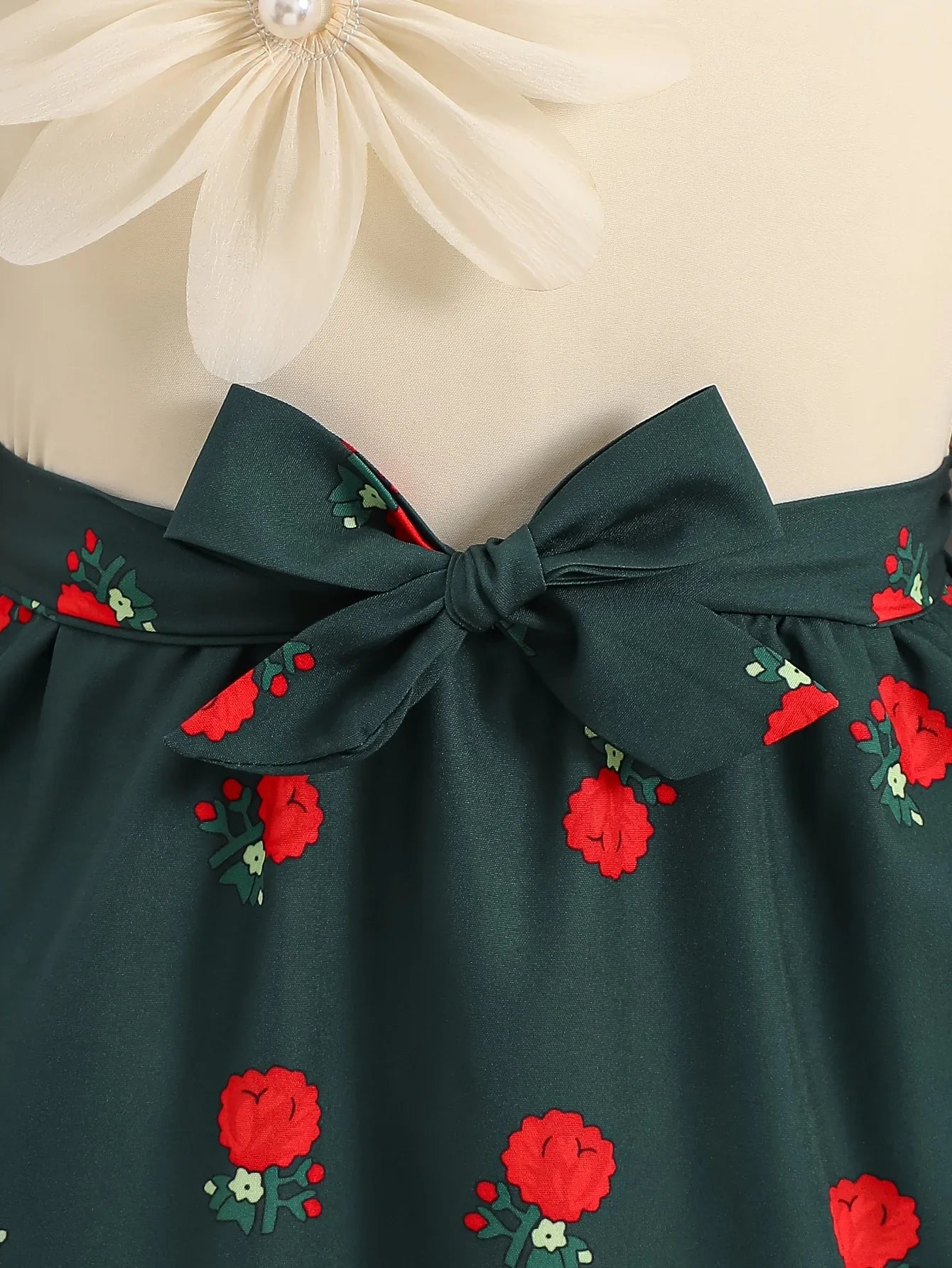 Elegant dress for girls, three-dimensional floral lace collar, retro rose print waist cinching dress (with a belt included)