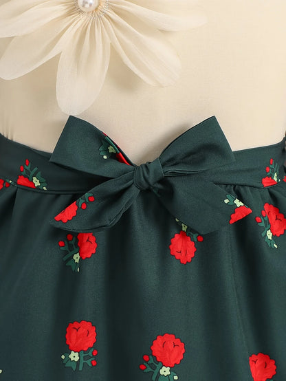 Elegant dress for girls, three-dimensional floral lace collar, retro rose print waist cinching dress (with a belt included)