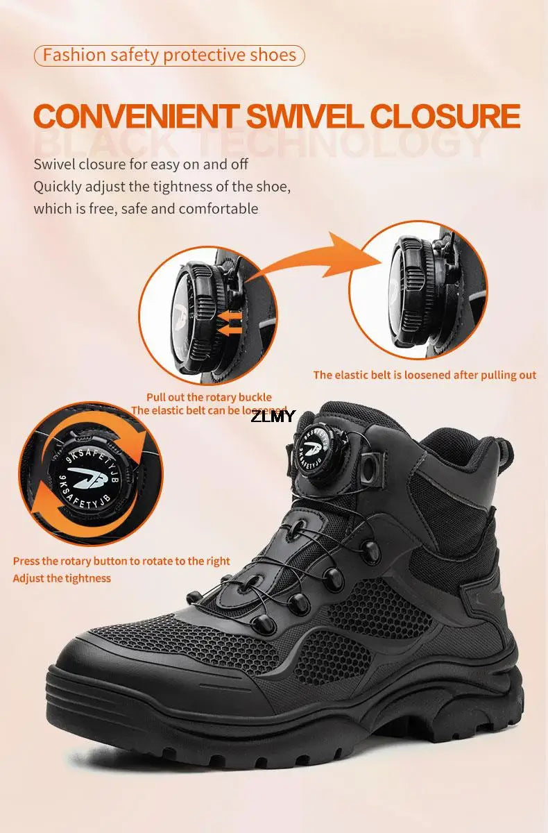 Construction Work Boots Men Steel Toe Safety Shoes Rotated Button Anti-smash Puncture Proof Sneakers Man High Top Security Boot