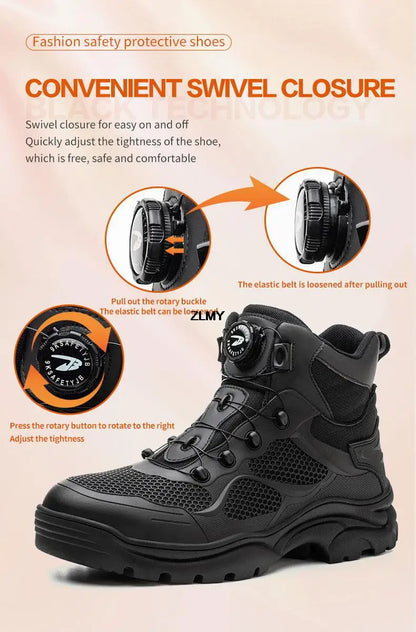 Construction Work Boots Men Steel Toe Safety Shoes Rotated Button Anti-smash Puncture Proof Sneakers Man High Top Security Boot