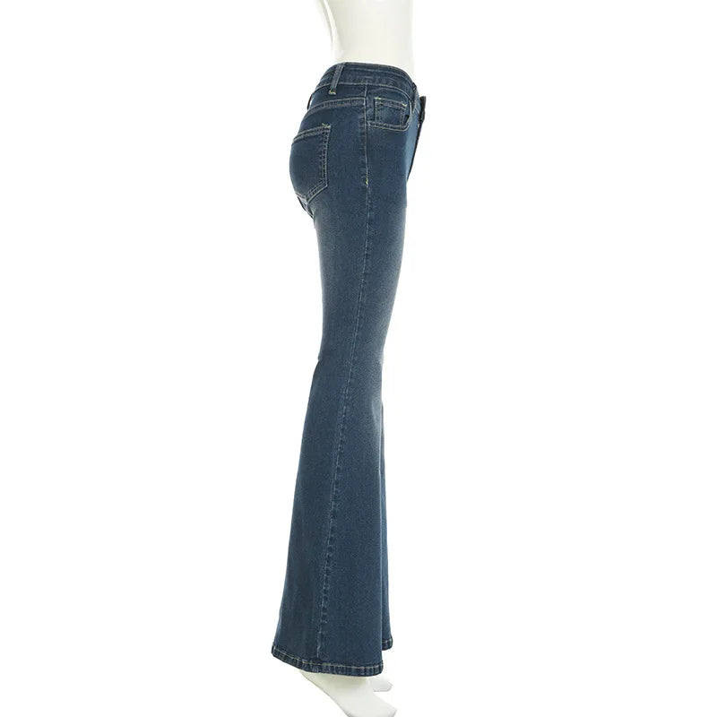Women Retro Y2k Jeans Baggy Floral Embroidery Jeans Vintage 2000s Low Rise Flared Denim Pants High Street Basic Trousers