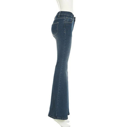 Women Retro Y2k Jeans Baggy Floral Embroidery Jeans Vintage 2000s Low Rise Flared Denim Pants High Street Basic Trousers