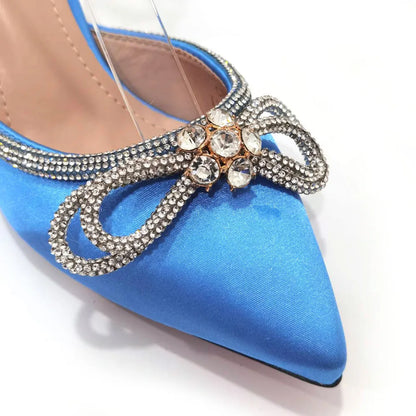 Ladies Pointed-Toe Party High Heels Magenta Colour Bow Rhinestone Stereo Bag Evening  African Wedding Shoe And Bag Set