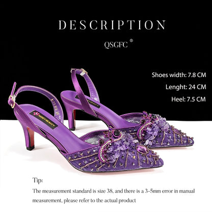 Purple Color Rhinestone Decoration Design Party Wedding Lady Pointed Toe High Heels and Bag Set