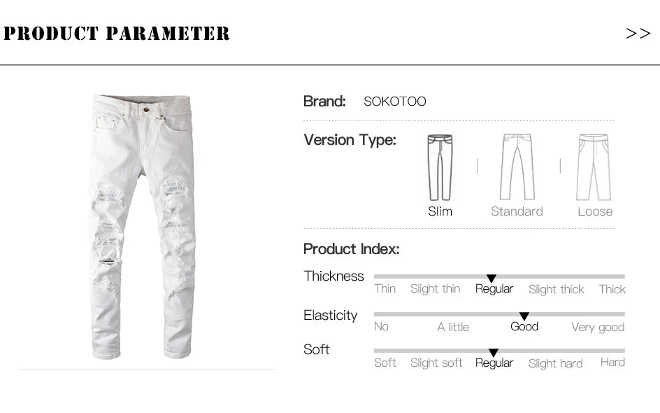 Men's White Crystal Holes Ripped Jeans Fashion Slim Skinny Rhinestone Stretch Denim Pants