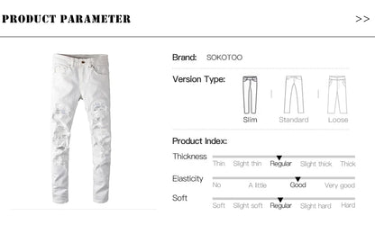 Men's White Crystal Holes Ripped Jeans Fashion Slim Skinny Rhinestone Stretch Denim Pants