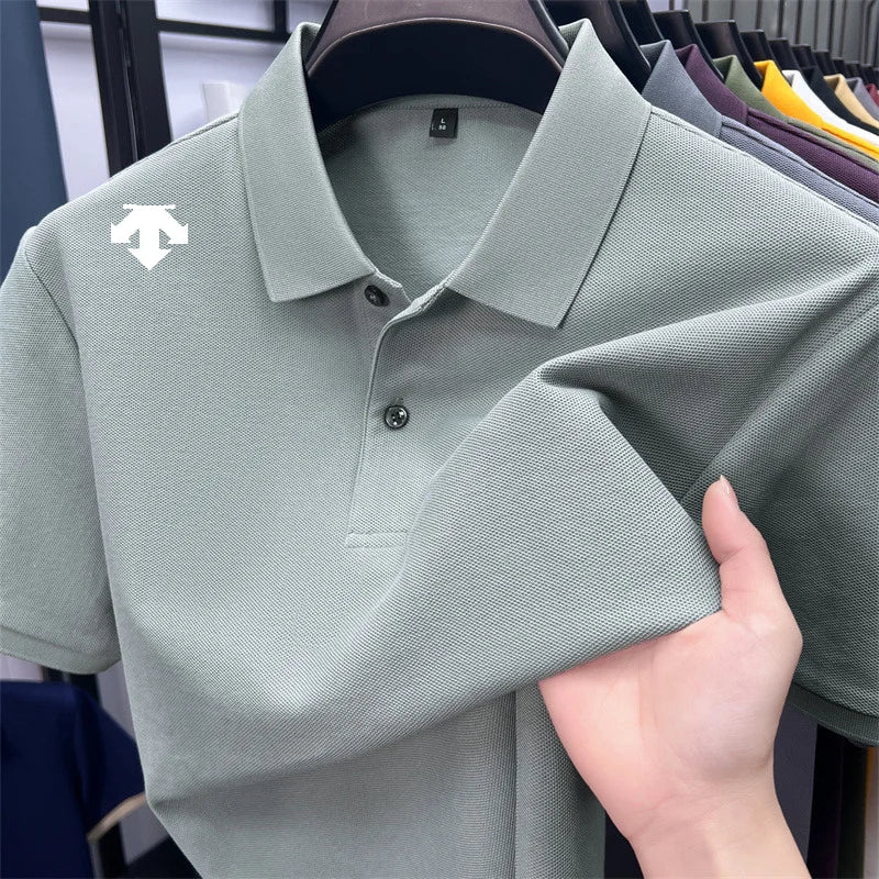 100% men's summer luxury brand polo shirt lapel geometric printing short sleeves t-shirt outdoor leisure men clothing tops