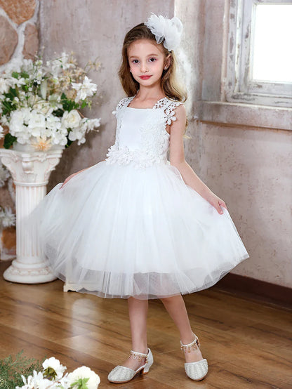 Girls Short Floral Decoration Flower Girl Bridesmaid Dresses Elegant Tulle Dresses Communion Dresses