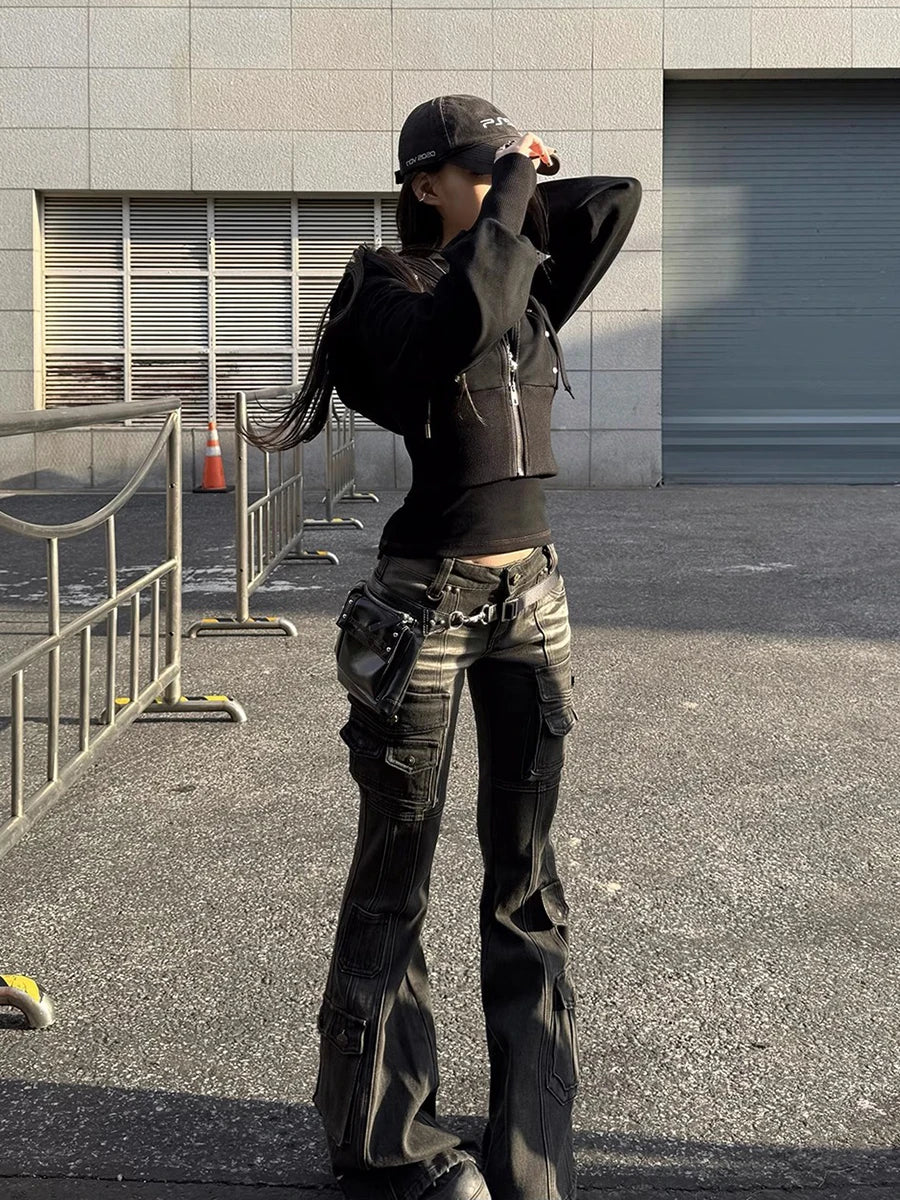 Black Low Waist Cargo Jeans 2000s Distressed Whiskers Multi-pocket Stretch Bootcut Pants Women Retro Grunge Streetwear