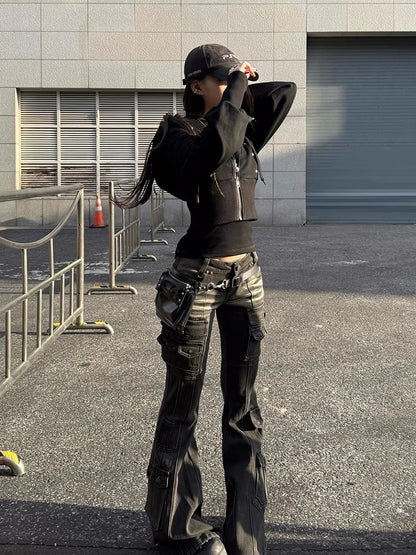 Black Low Waist Cargo Jeans 2000s Distressed Whiskers Multi-pocket Stretch Bootcut Pants Women Retro Grunge Streetwear