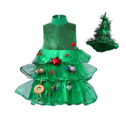 2 4 6 8 10 Yrs Fancy Christmas Tree Dress for Little Girls Xmas Party New Year Frock Kids Santa Claus Lovely Pinetree Ball Gown