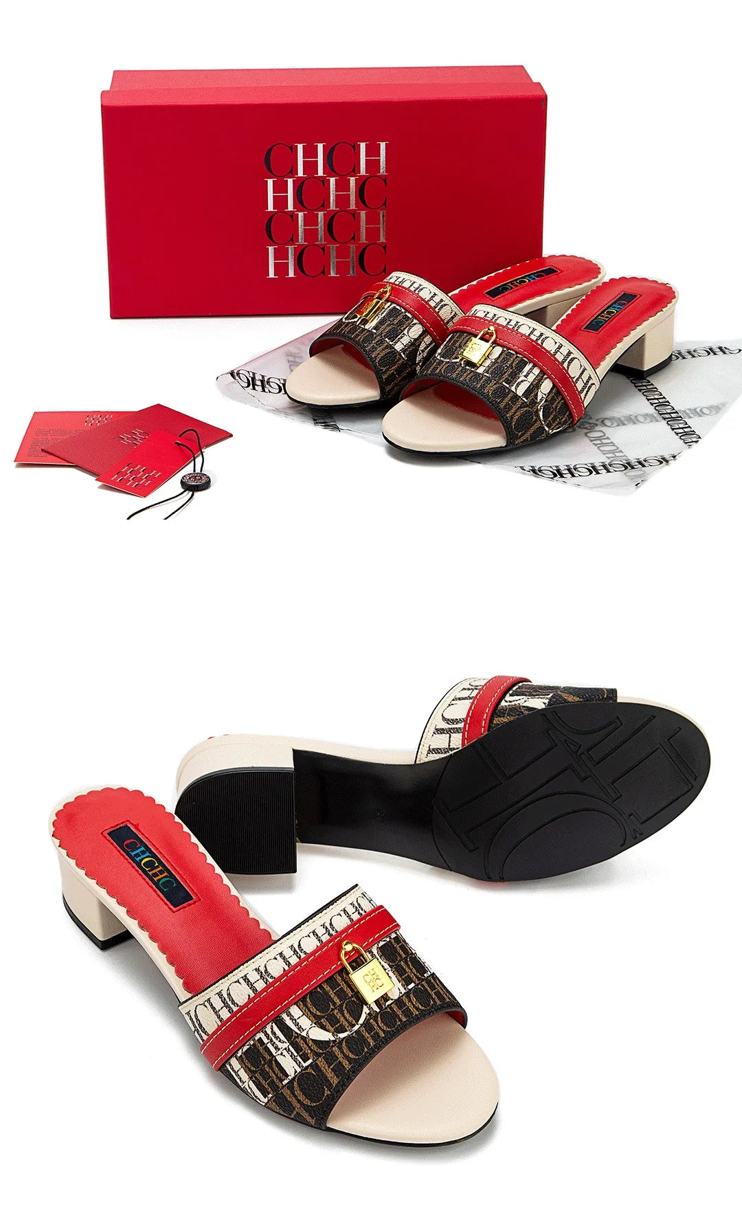 Fashionable High Quality Metal Lock Monogram Print Women's Low Heeled Slippers Temperament Versatile Women's Slippers