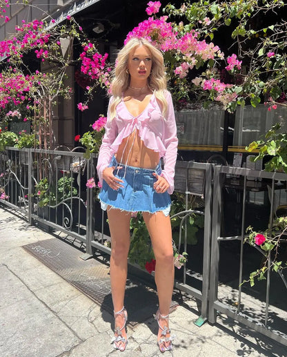 2025 Women Fungus Lace Solid See Through Silk Flare Sleeve V Neck Crop Tank Fashion Casual Sweet Girl Top