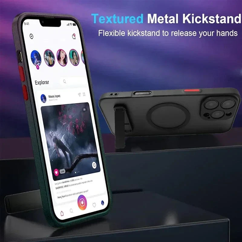 Magnetic Phone Case with Metal Kickstand for iPhone 17 16 Pro Max 15 14 Plus 13 12 Mini Stand Cases Cover with Holder