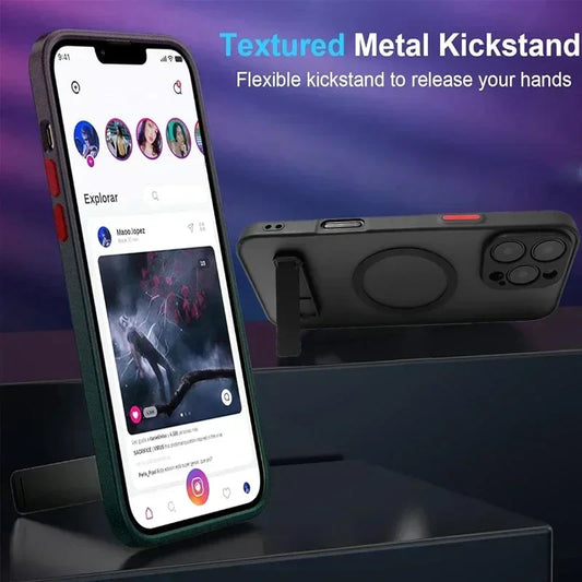Magnetic Phone Case with Metal Kickstand for iPhone 17 16 Pro Max 15 14 Plus 13 12 Mini Stand Cases Cover with Holder