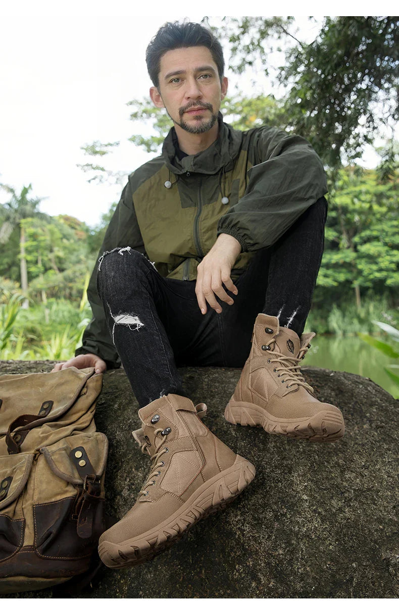 Brand High-Top Leather Men's Boots Breathable Desert Combat Men Work Ankle Outdoor Non-slip Hiking Boots Men's Motorcycle Boots