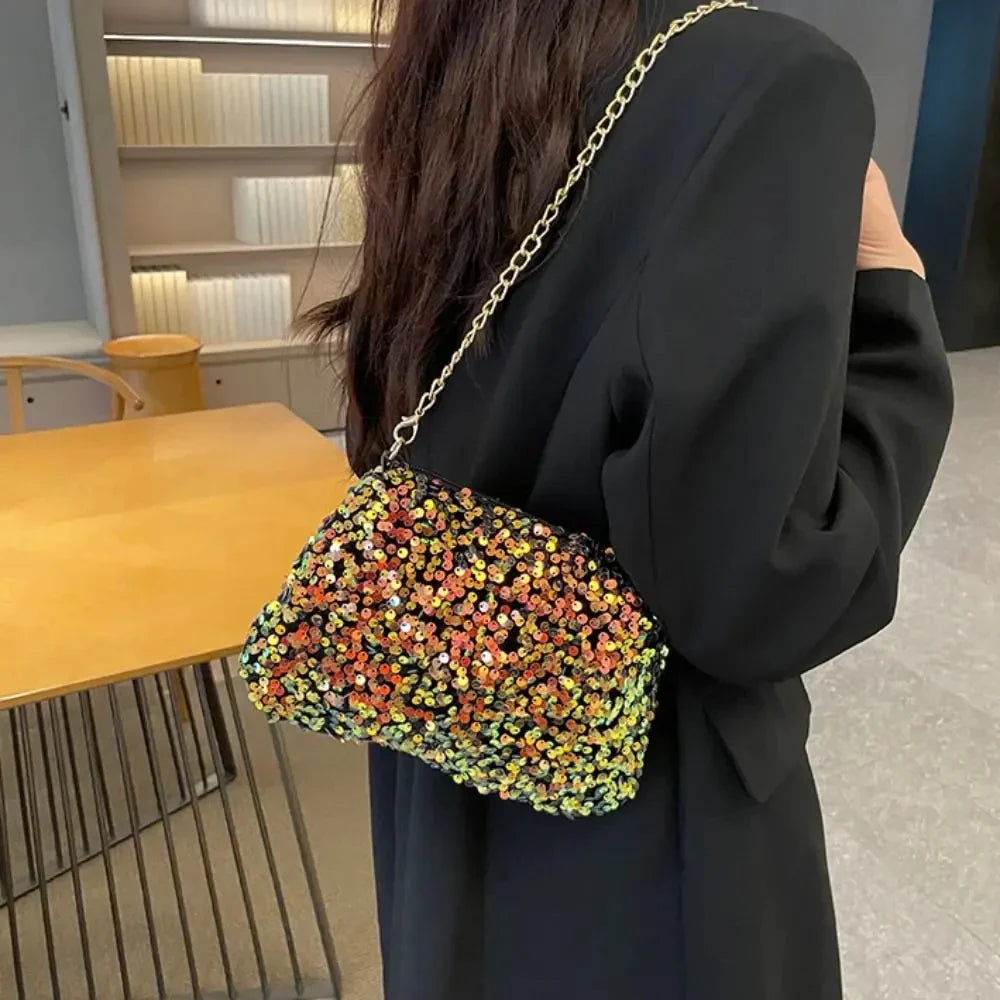 Solid Color Sequins Crossbody Bag Simple Chain INS Small Square Bag Handbag Underarm Bag Evening Clutch Bag Female