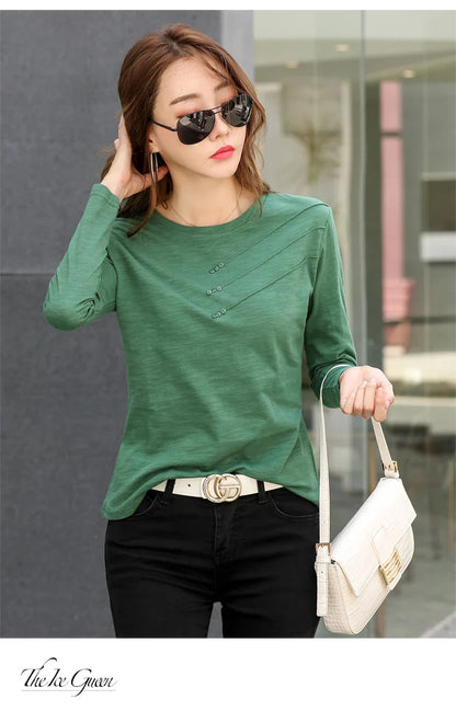 Summer Women Ribbed Cotton Tee-Shirts Female Button Loose Casual Fashion T-shirts 2026 Long Sleeve O-Neck Korea Tops