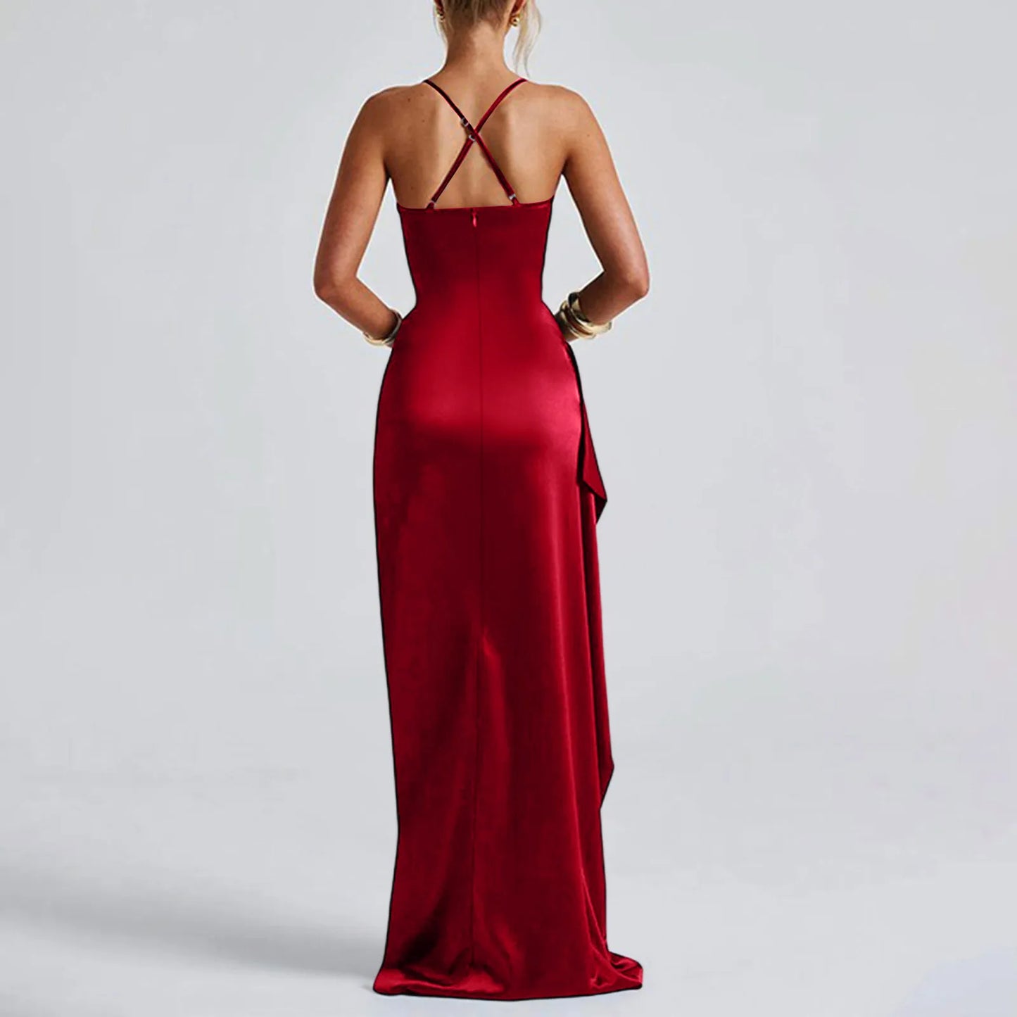Women's Fashion Elegant Fitted Pleated Slit Satin Gown Solid Color Sleeveless Backless Long Dresses Summer Satin Party Dress