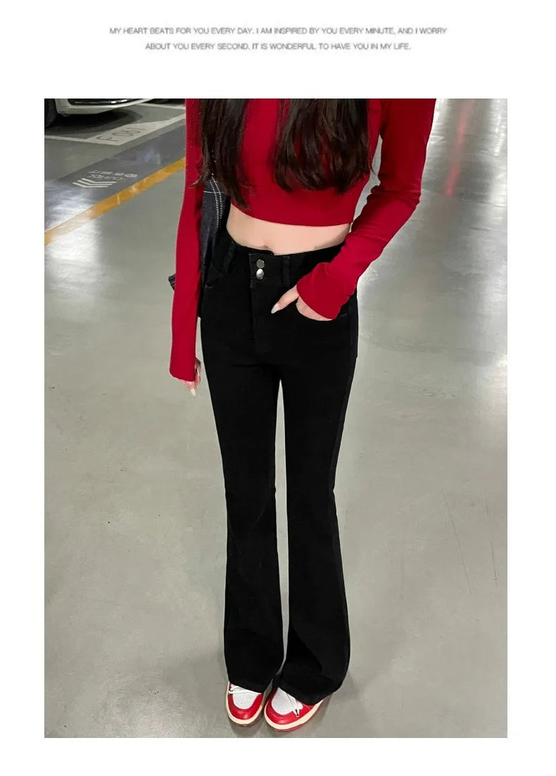 Autumn Winter American Sle High Waist Slim Fit Drapey Micro Flared Jeans Women's Premium Denim Pants