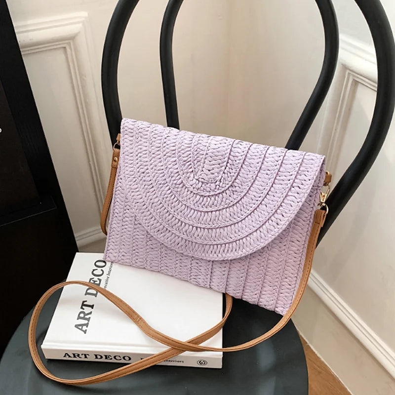Straw Woven Shoulder Crossbody Bag Beach Clutch Handbag Casual Summer Handmade Envelope Bags for Women Totes Purse