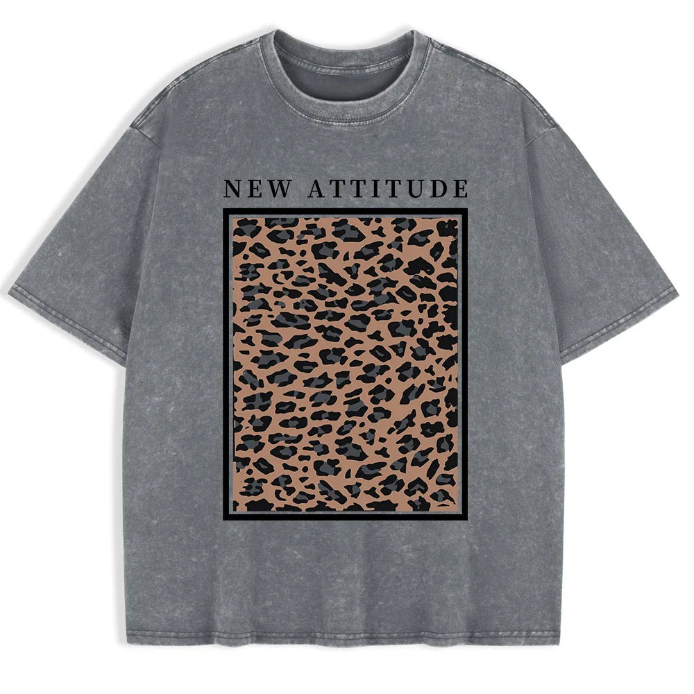 Cotton Washed T-shirt for Women New Attitude Fashion Leopard Prints Tops Loose O-Neck Oversized Short Sleeve Y2k Female Clothes