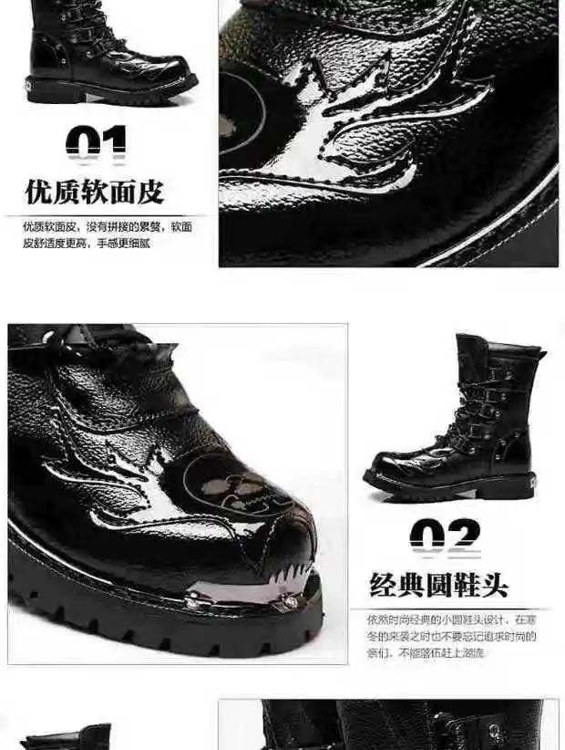 Men Motorcycle Boots Fashion Mid-Calf Punk Rock Punk PU Leather Black High Top Mens Casual Boot Steel Toe Shoes Big Size 38-46