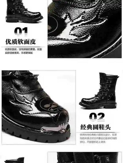 Men Motorcycle Boots Fashion Mid-Calf Punk Rock Punk PU Leather Black High Top Mens Casual Boot Steel Toe Shoes Big Size 38-46