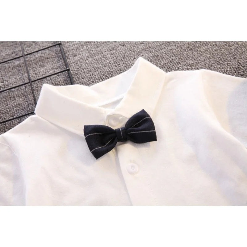 Gentleman Baby Boss Suit White Polo Shirt Stripe Straps Shorts Set 1st Birthday Outfit for Baby Kids Boys Wedding Party Tuxedo