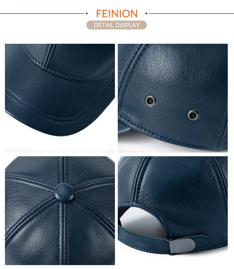 Genuine Leather Unisex Baseball Cap 100% Leather Winter Structured Flat Adjustable Back Strap Hat